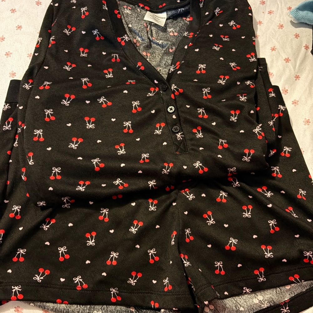 Black Pajama Set with Red Cherry Print